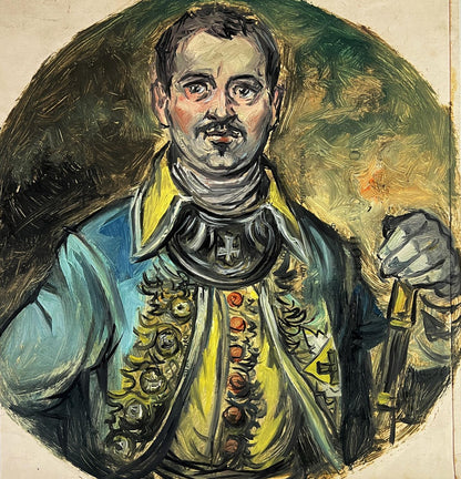 Vibrant oil painting of Alexander Litvinov in ornate blue-yellow military suit
