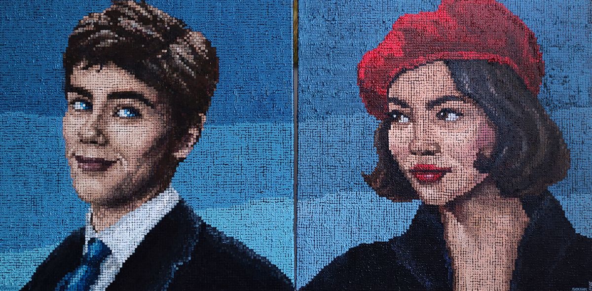 Oil painting portrait of young couple Oksana Sklym textured tapestry