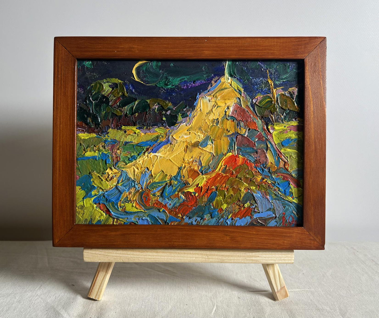 Oil painting The young moon by Oksana Ivanyuk, vibrant mountain under crescent moon in wooden frame