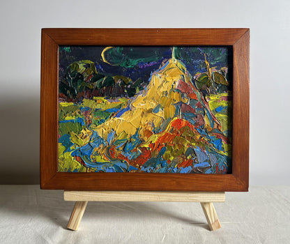 Oil painting The young moon by Oksana Ivanyuk, vibrant mountain under crescent moon in wooden frame