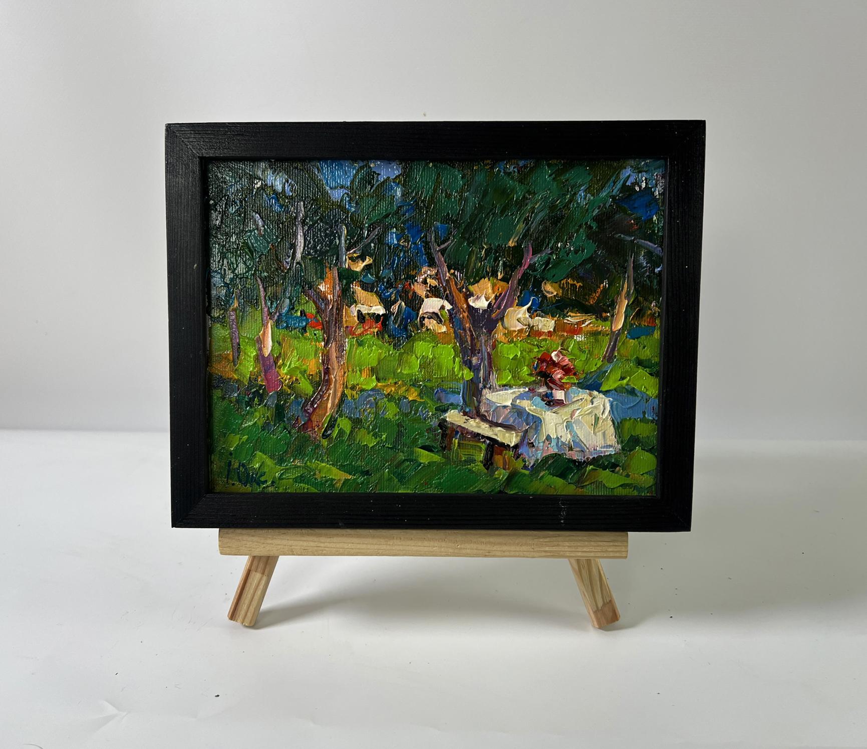 Oil painting Morning coolness by Oksana Ivanyuk: vibrant green garden tea scene
