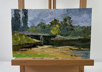 Oil painting Bridge over water by Boris Serdyuk, textured landscape canvas