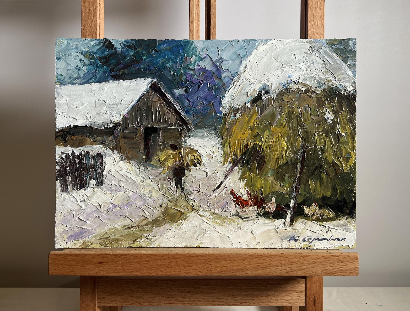 Oil painting Winter bustle in the yard by Boris Serdyuk snowy scene