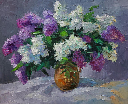 Oil painting Lilac in a jug by Boris Serdyuk: golden textured vase with purple white lilacs