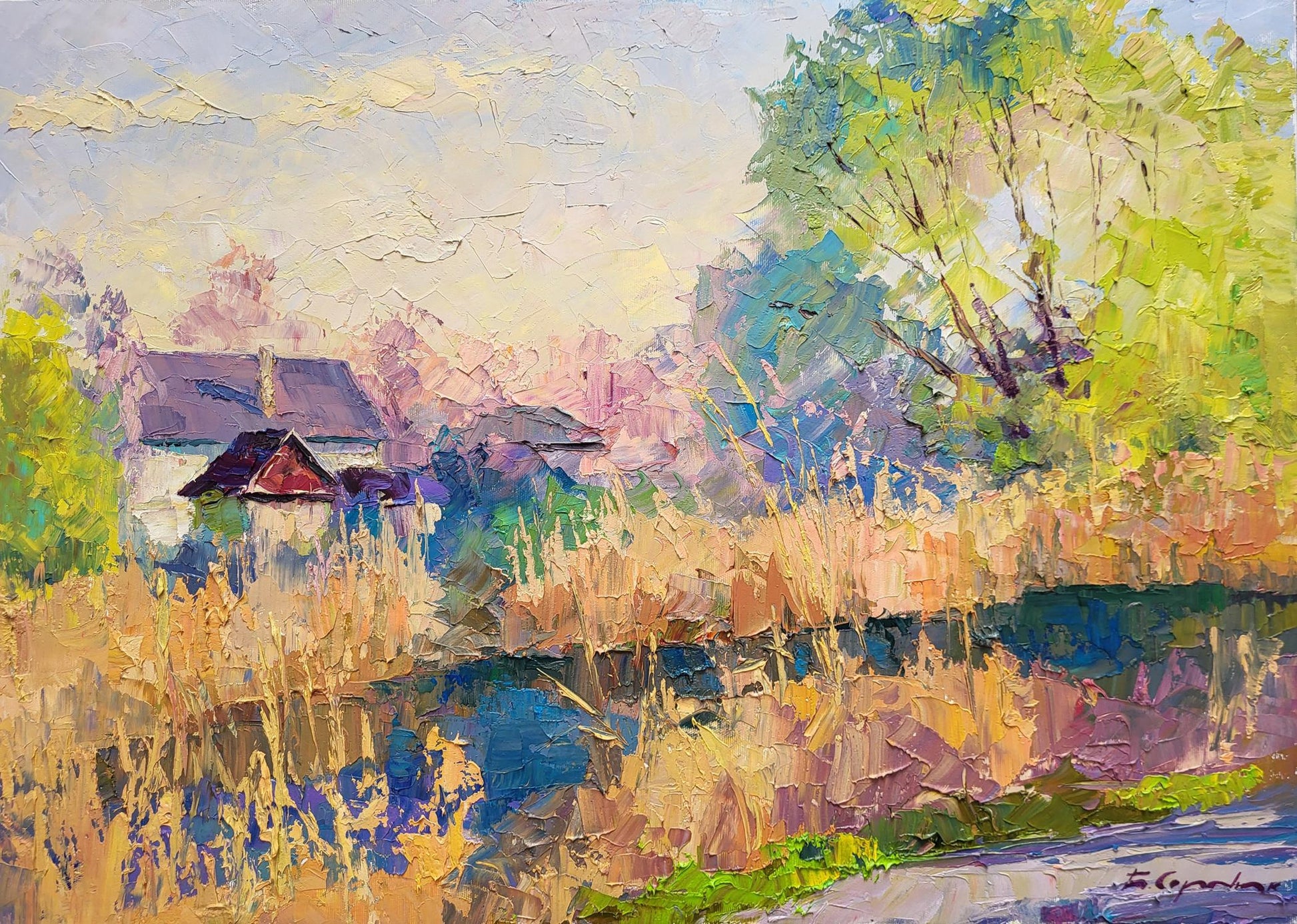 Vibrant impressionist oil painting Sunny April by Boris Serdyuk rural landscape