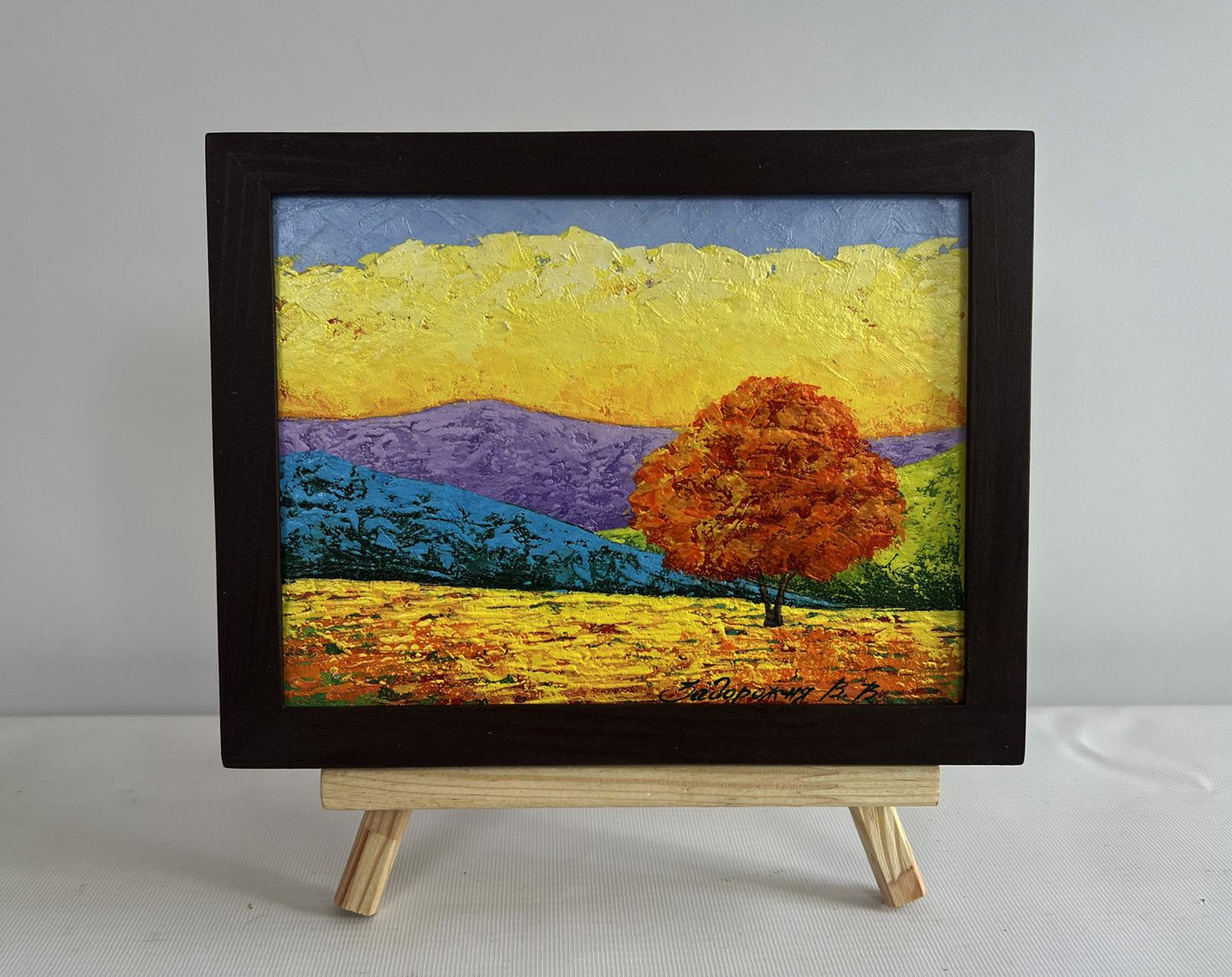 Oil painting Blazing Sunset V. Zadorozhnya: autumn hills, orange tree, golden sky