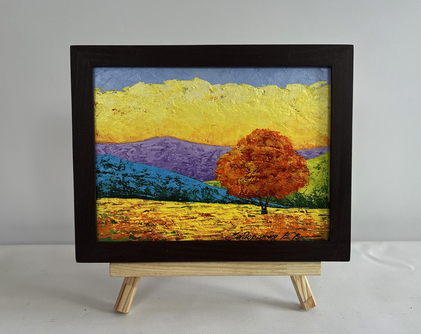 Oil painting Blazing Sunset V. Zadorozhnya: autumn hills, orange tree, golden sky