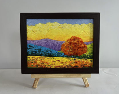 Oil painting Blazing Sunset V. Zadorozhnya: autumn hills, orange tree, golden sky