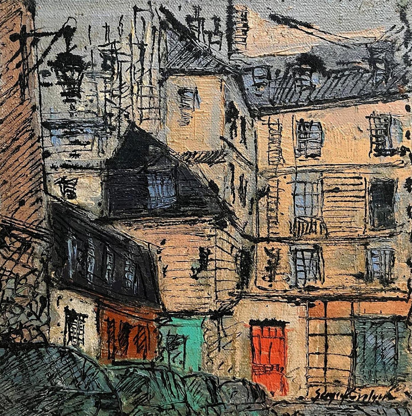 Oil painting Parisian comfort by Serhiy Kovalev: textured European street scene