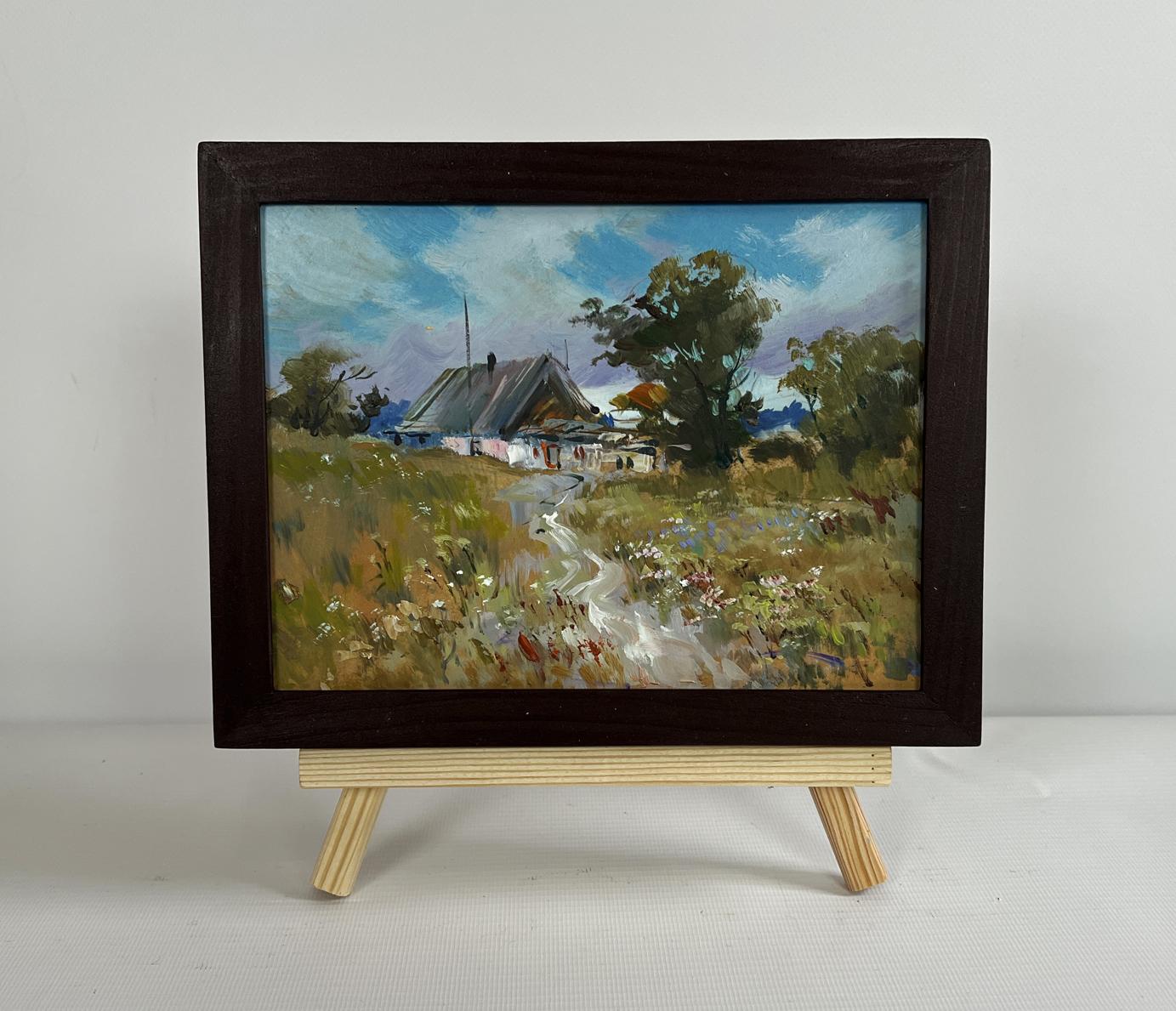 Oil painting by Yuriy Suprunchuk: wildflowers near rustic house