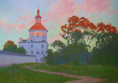 Oil painting Evening melody of bells by Valery Savenets: church with red dome