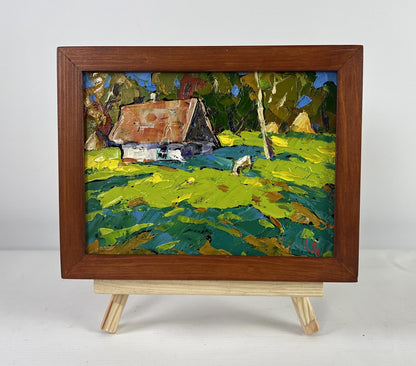 Rustic oil painting by Oleksiy Ivanyuk: forest path to sunny thatched hut