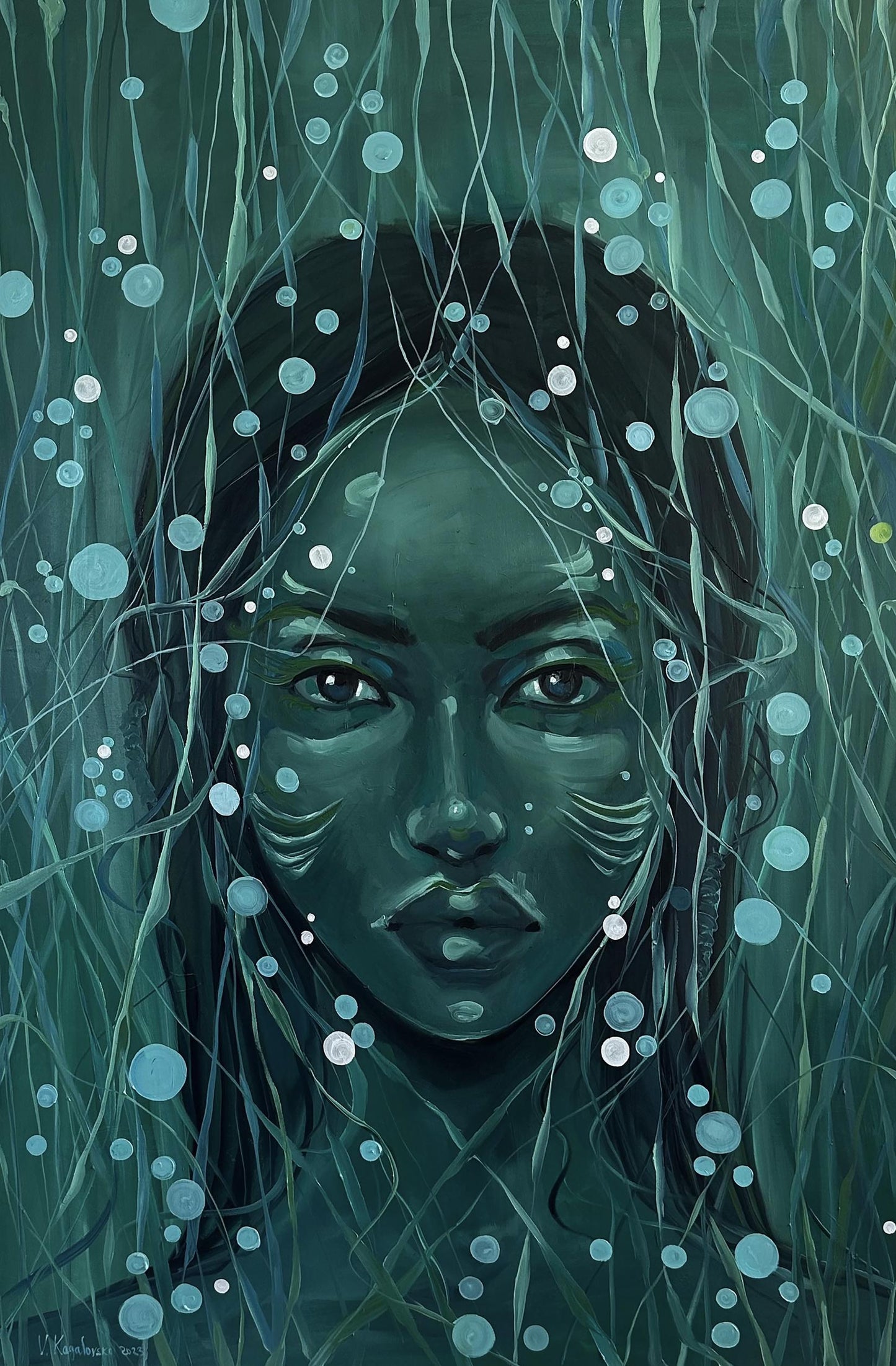 Oil painting Underwater Victoria Kagalovska: teal-skinned woman with white markings