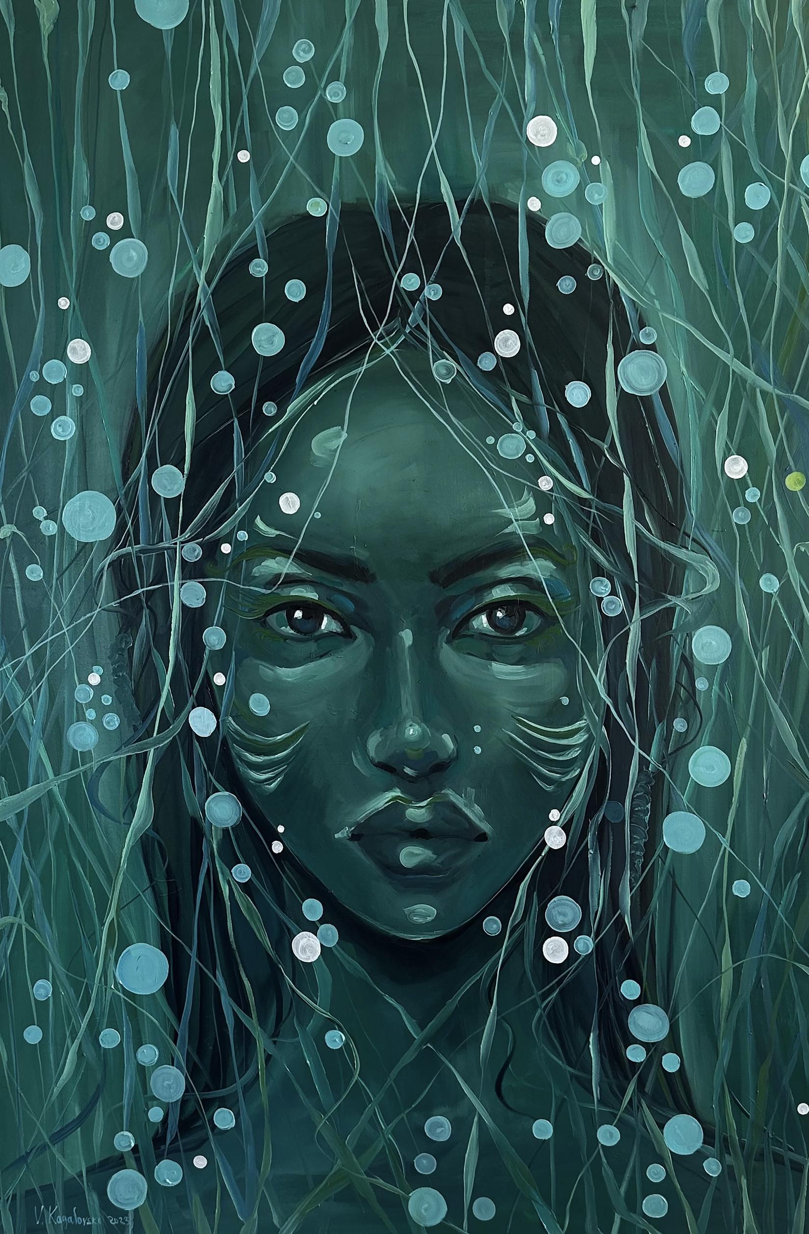Oil painting Underwater Victoria Kagalovska: teal-skinned woman with white markings