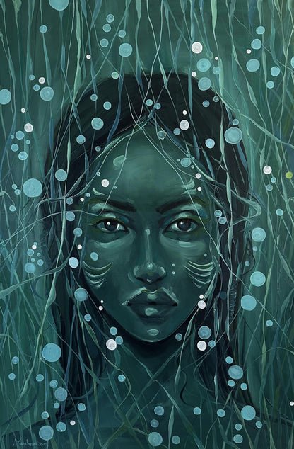 Oil painting Underwater Victoria Kagalovska: teal-skinned woman with white markings