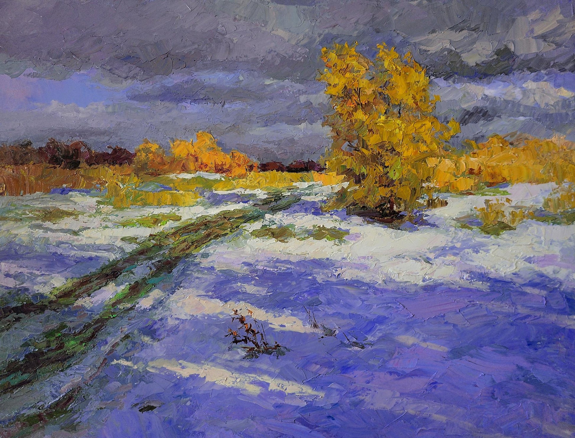 Oil painting Unexpected snow by Boris Serdyuk: vibrant autumn tree in snowy purple landscape