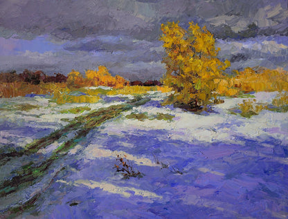 Oil painting Unexpected snow by Boris Serdyuk: vibrant autumn tree in snowy purple landscape