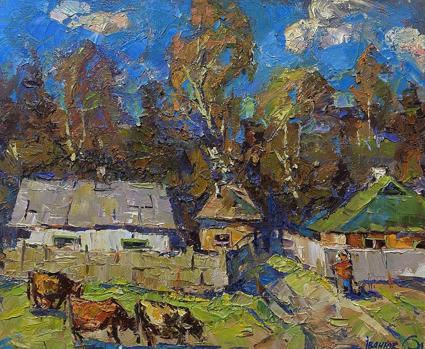 Vibrant impressionist oil painting Early autumn in the village by Oleksiy Ivanyuk
