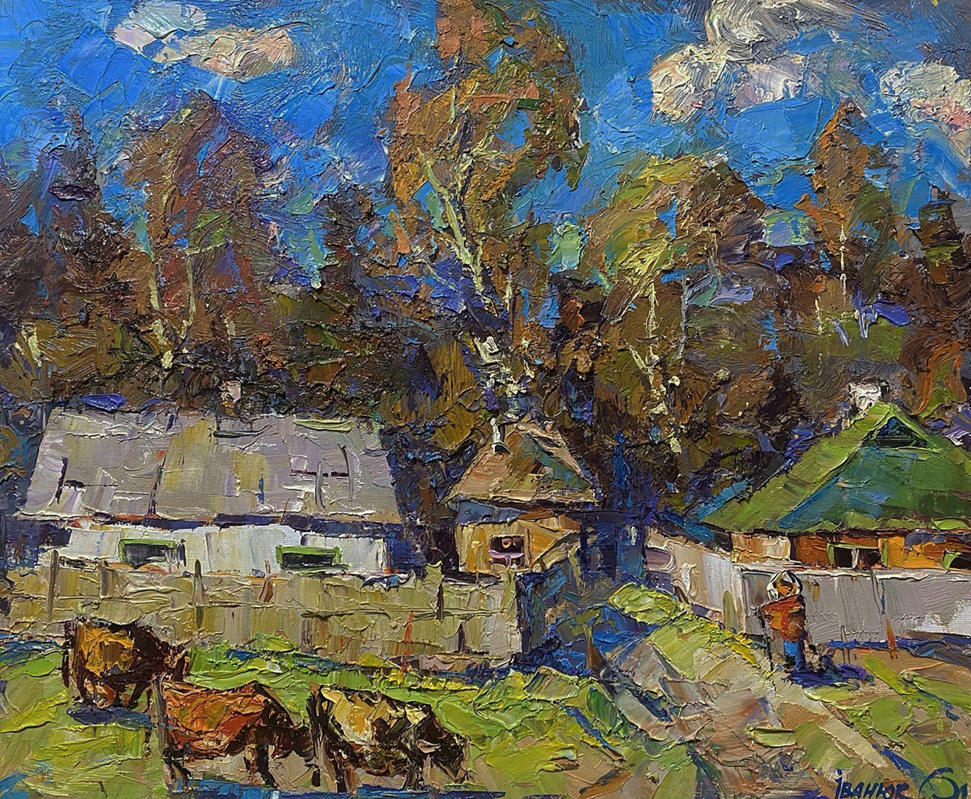 Vibrant impressionist oil painting Early autumn in the village by Oleksiy Ivanyuk