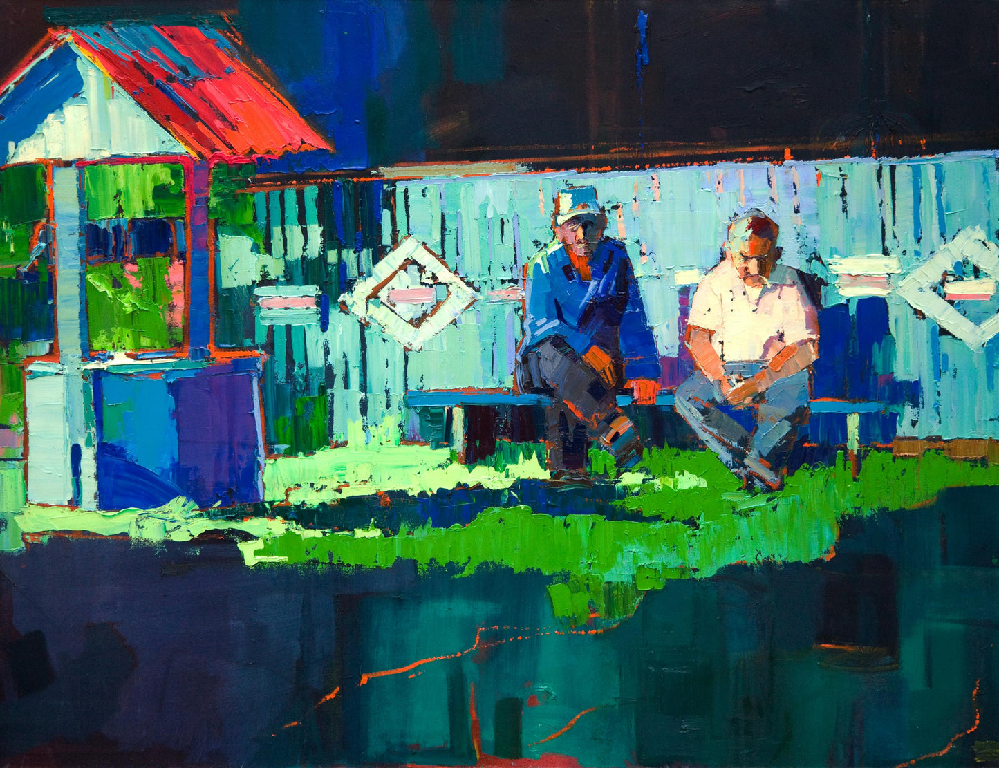 Vibrant blue green wooden fence in Natalia Korf-Ivaniuk quiet village oil painting