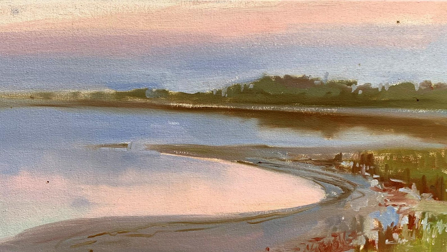Oil painting of flooded river bank by Tatyana Derdey, pastel coastal twilight scene