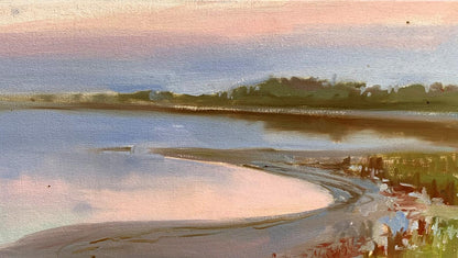 Oil painting of flooded river bank by Tatyana Derdey, pastel coastal twilight scene
