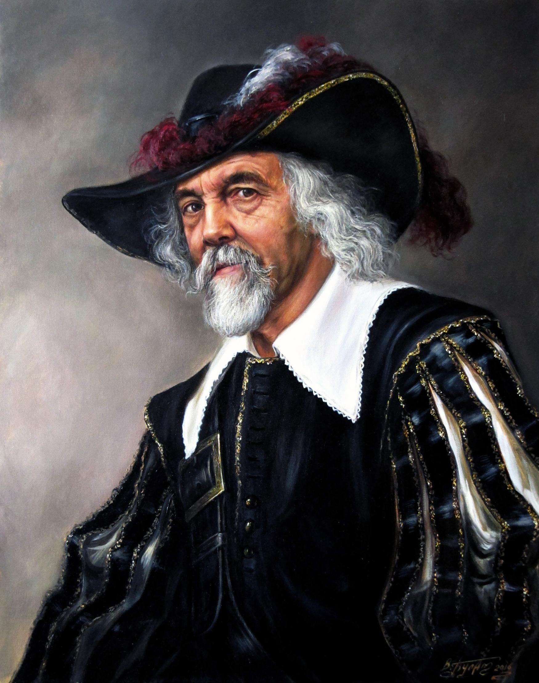 Oil painting Keep your friends luck Valeriy Bulat portrait in ornate hat doublet