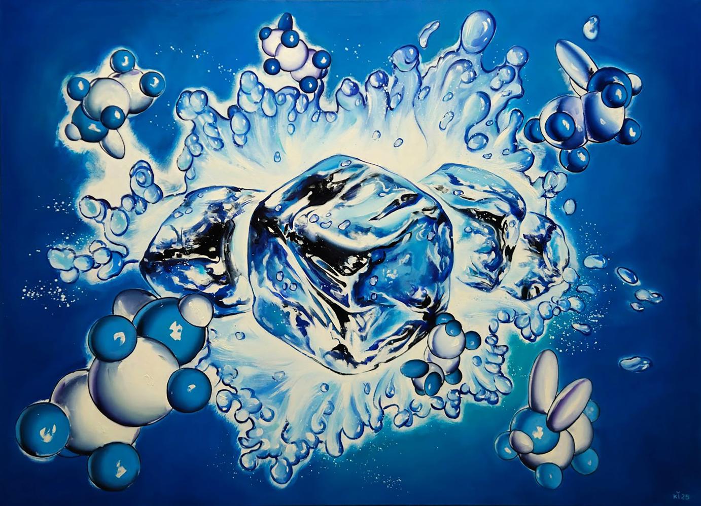 Vibrant blue molecular structures burst around Igor Konovalov ice cube oil painting