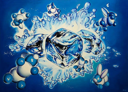 Vibrant blue molecular structures burst around Igor Konovalov ice cube oil painting