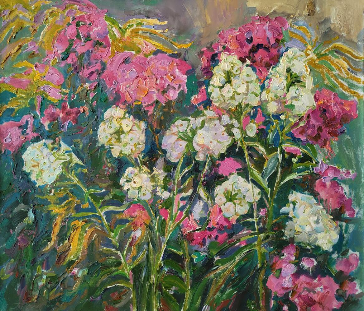 Oil painting Flowers of July by Leonid Pavlenko: pink white hydrangeas