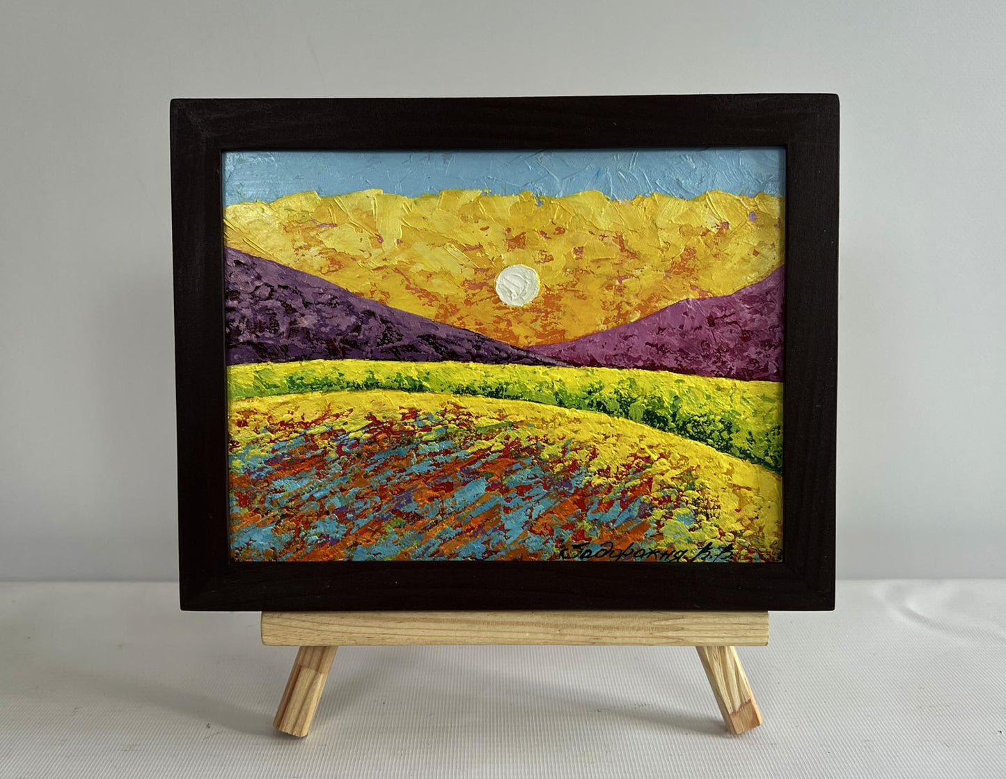 Oil painting Watching the Sunset by V. Zadorozhnya in wooden frame