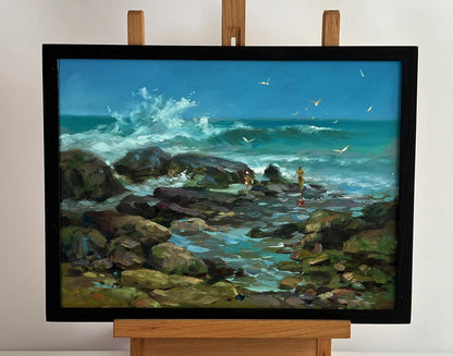Oil painting Seashore with people by Yuriy Suprunchuk, coastal waves and figures
