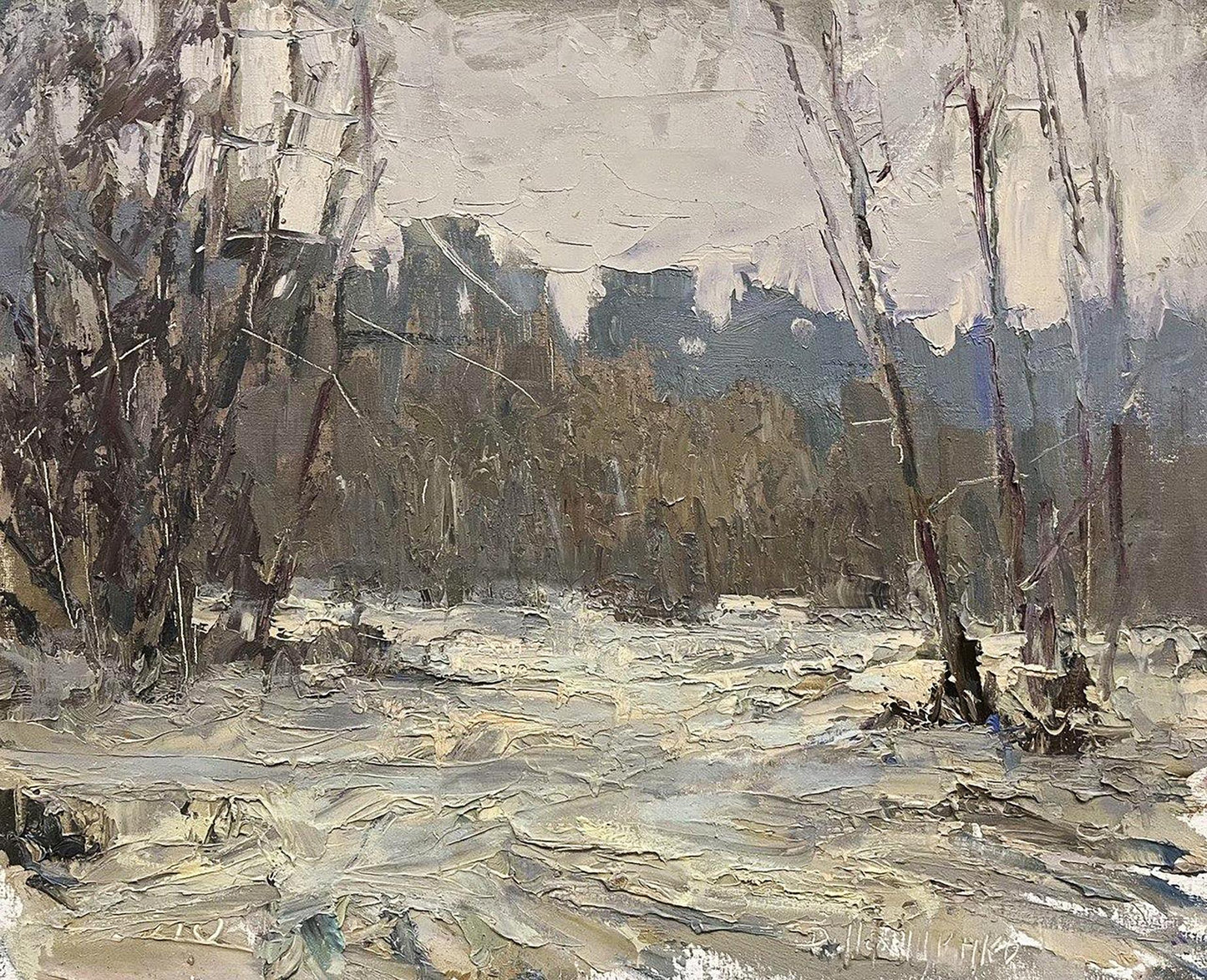 Oil painting It snowed in the forest by Volodymyr Pashchenko snowy landscape