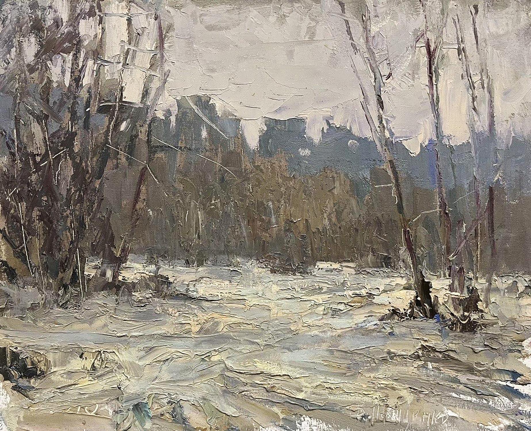 Oil painting It snowed in the forest by Volodymyr Pashchenko snowy landscape