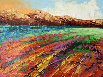 Vibrant impressionist oil painting of brown mountains by V. Zadorozhnya