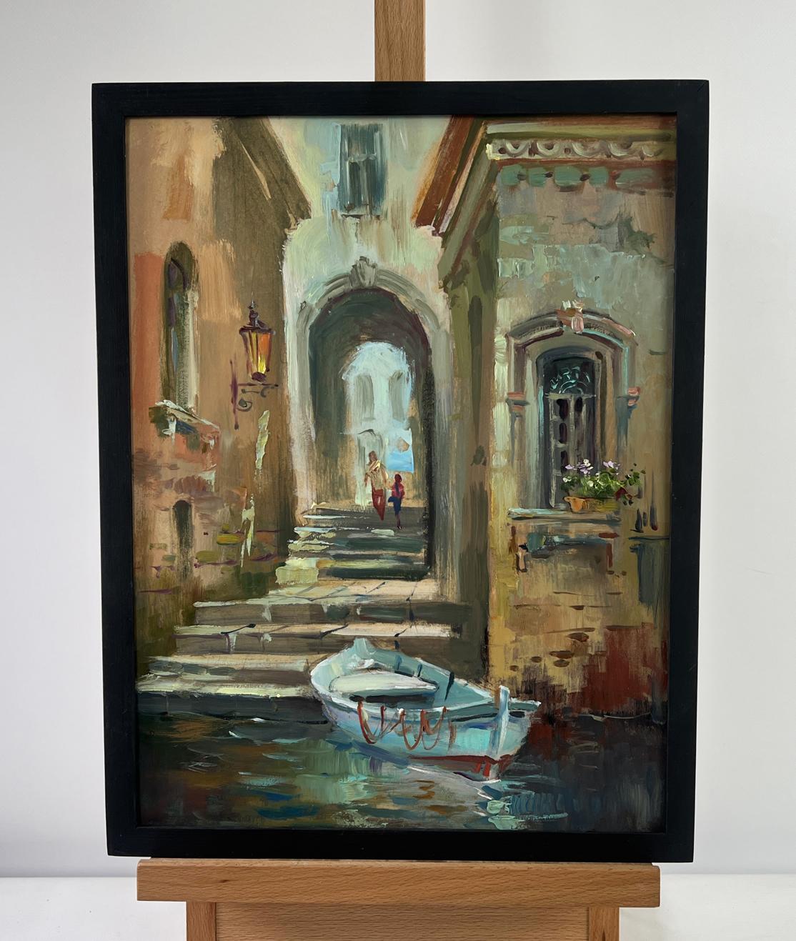 Framed oil painting by Yuriy Suprunchuk: boat in narrow canal city street