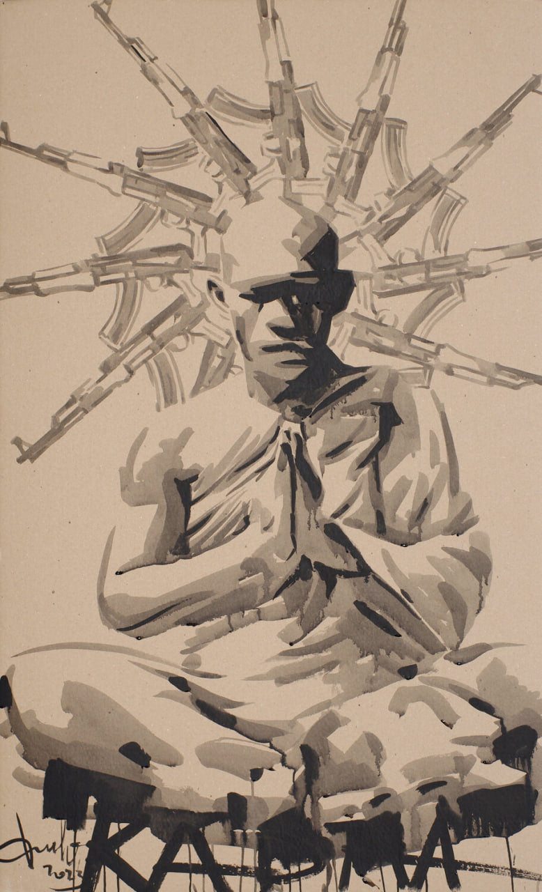 Black-and-white ink drawing of meditating man with radiating rifles by Karma Dima Filatov