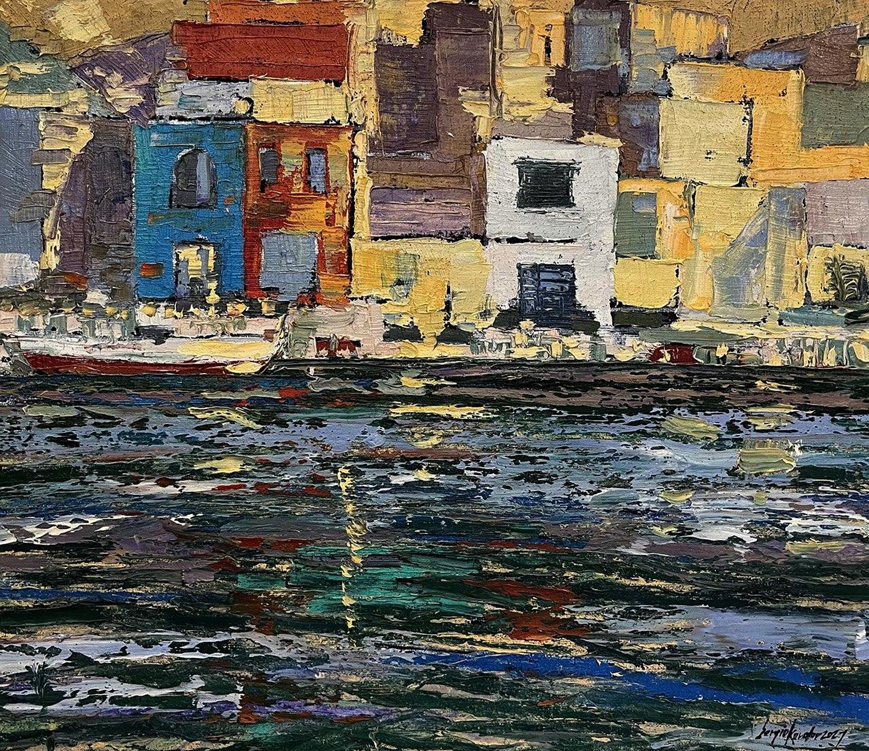 Vibrant oil painting by Serhiy Kovalev of coastal town reflected in water