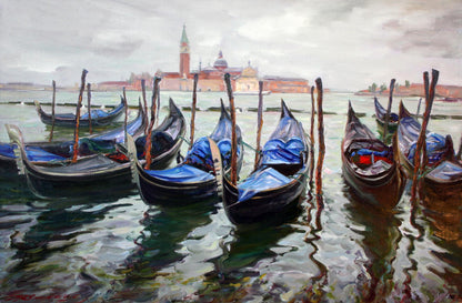 Oil painting of black gondolas with blue covers moored in Venetian water by Leonid Pavlenko
