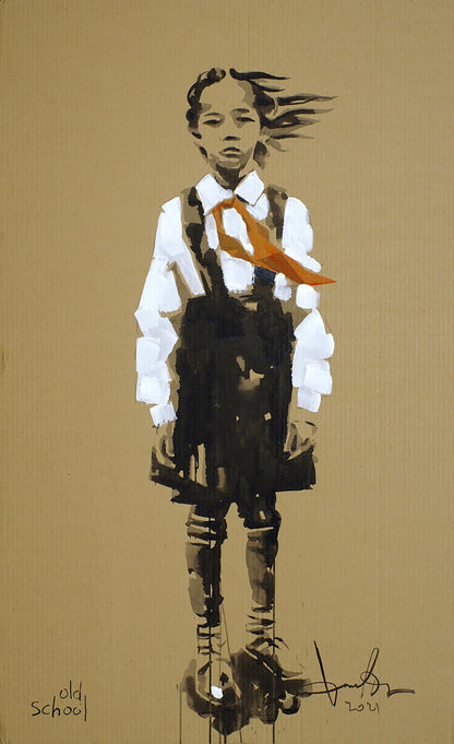 Stylized acrylic painting First grade by Dima Filatov: girl in school uniform
