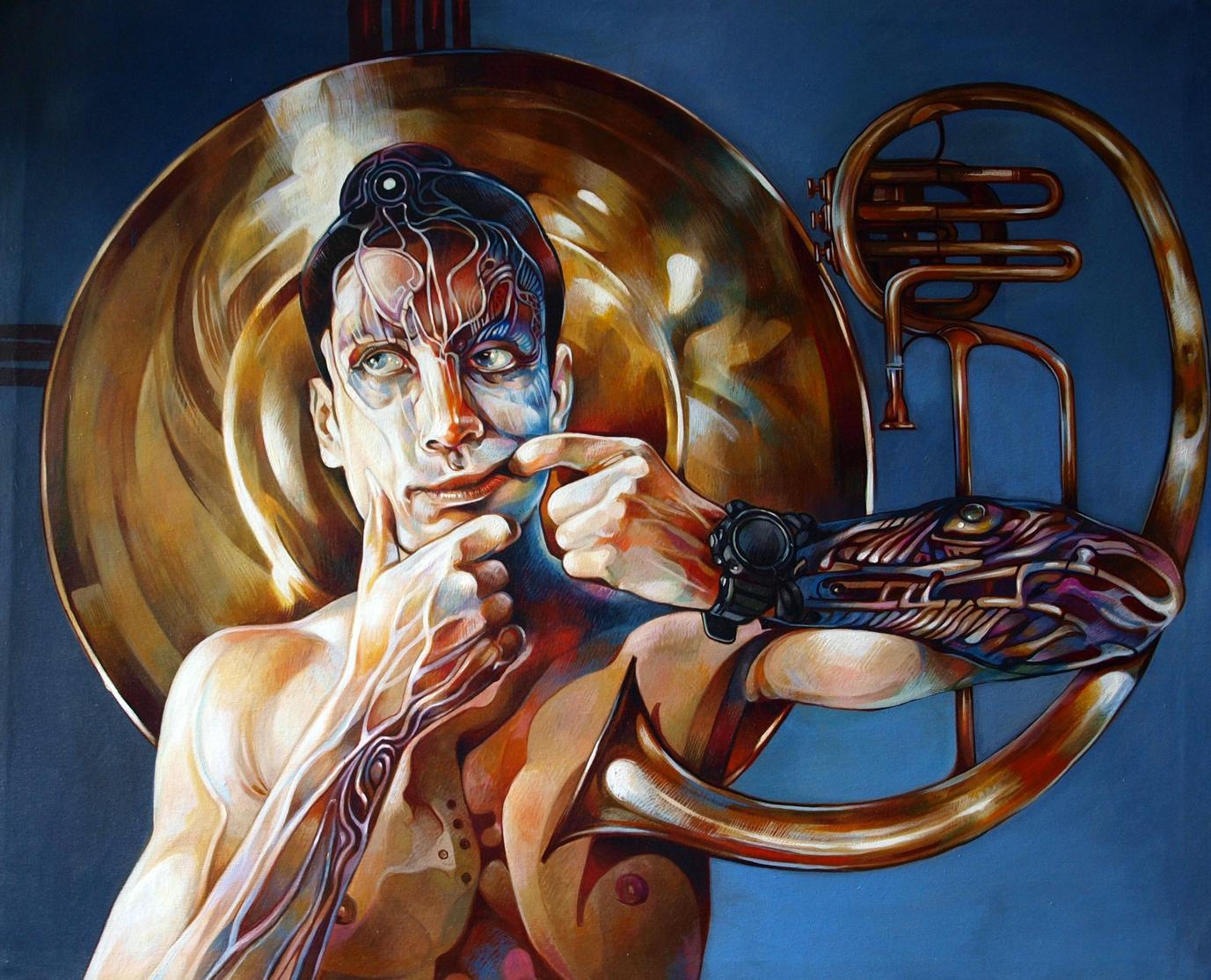 Surreal oil painting Horns in my head by Konsta G. Amelinn with glowing circuits