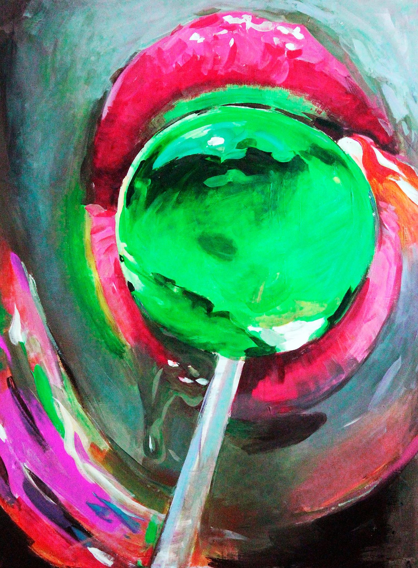 Oil painting of vibrant green Chupa Chups lollipop by Ed Potapenkov