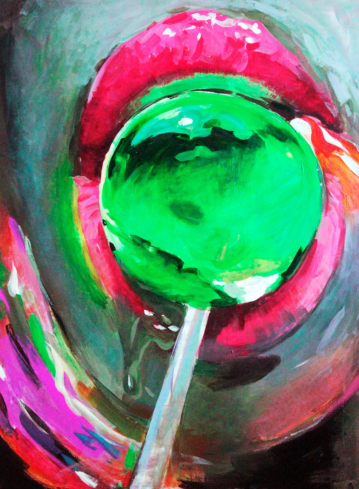 Oil painting of vibrant green Chupa Chups lollipop by Ed Potapenkov