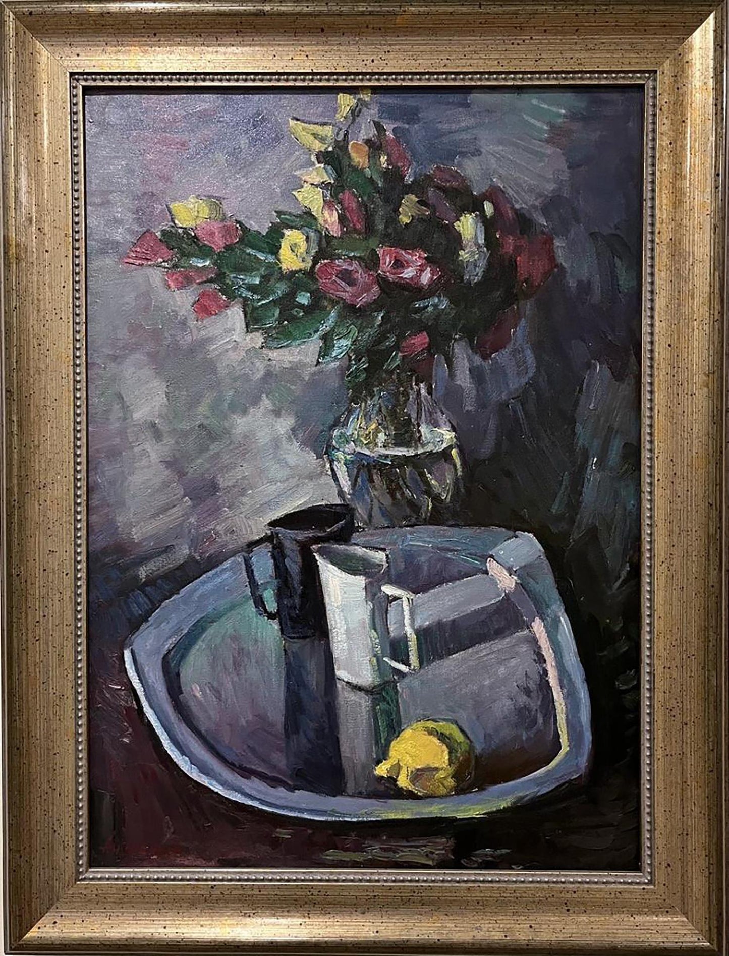 Oil painting of pink yellow roses and lemon by Oleksandr Andreev