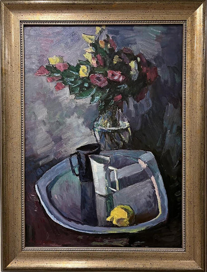 Oil painting of pink yellow roses and lemon by Oleksandr Andreev
