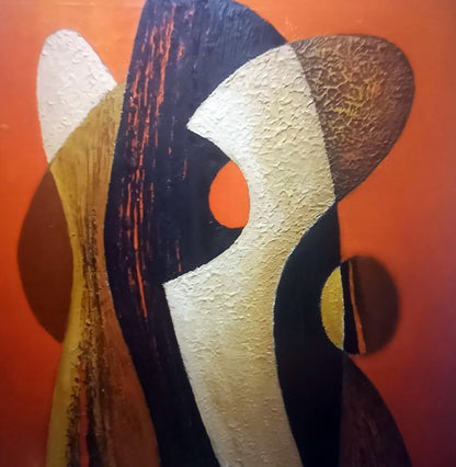 Oil painting by Alexander Strashevich with bold black white orange brown strokes on red