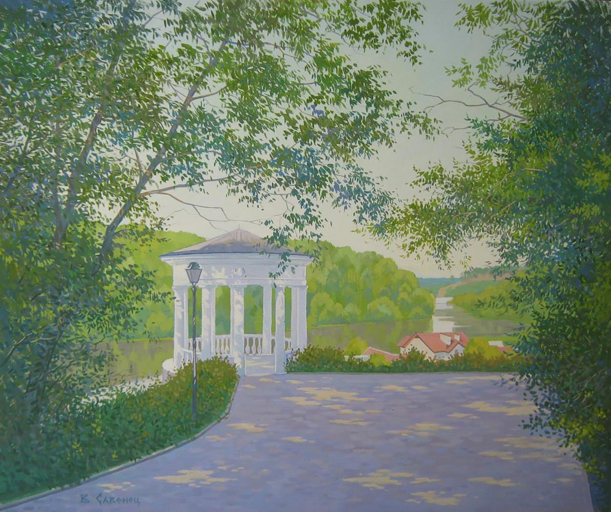 Oil painting of white classical gazebo in lush park by Valery Savenets