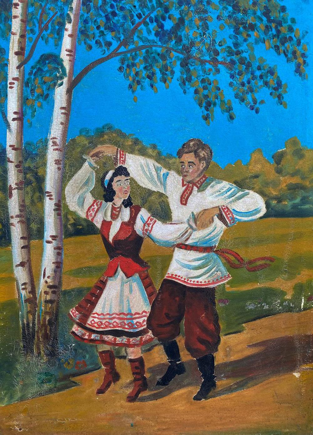 Oil painting of vibrant folk dancers in red white embroidered attire