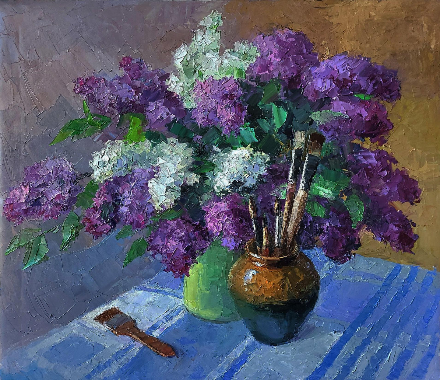 Oil painting Still life with lilac by Boris Serdyuk: rustic vase of purple white lilacs