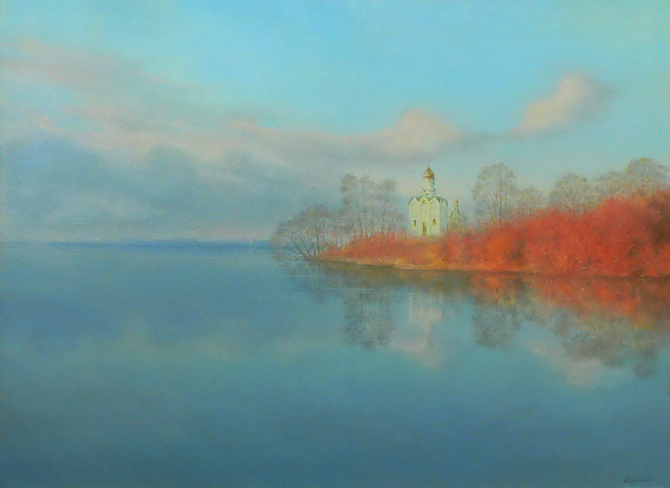 Serene watercolor of Church of St. Nicholas oil painting by Vasily Korkishko